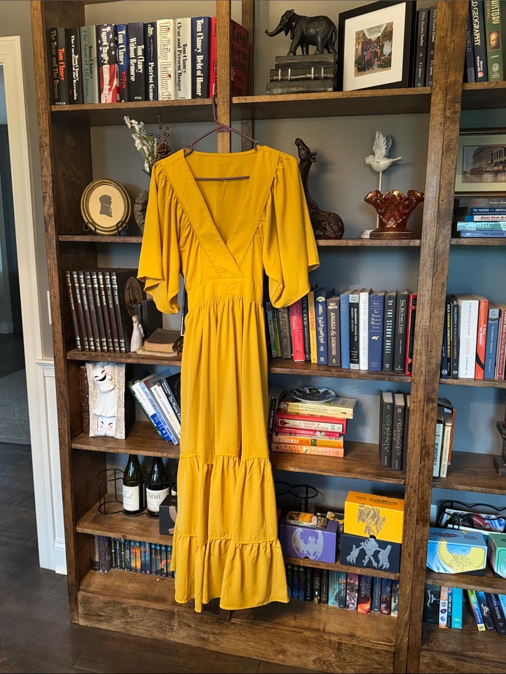 Amazon Essentials Mustard Yellow V-Neck Tiered Maxi Dress